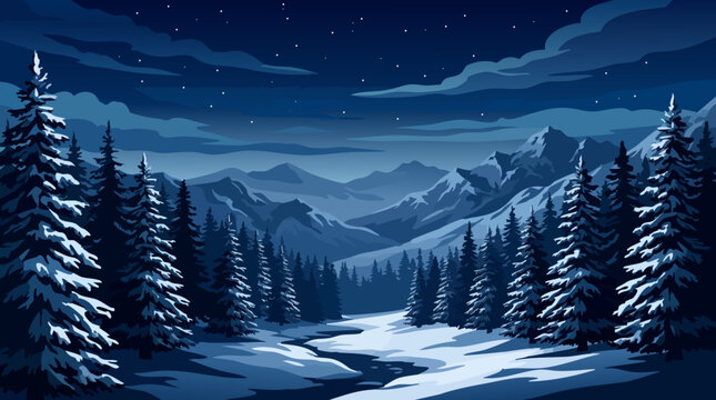 Winter night forest with snowy mountains and starry sky