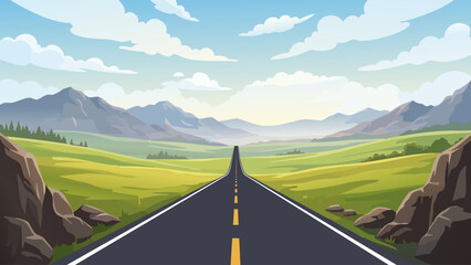 Open road through green valley and mountains landscape vector © AnwarHosan