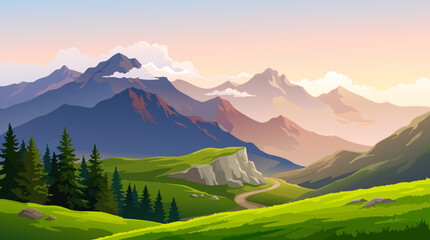 Mountain landscape with green hills and winding path vector © AnwarHosan