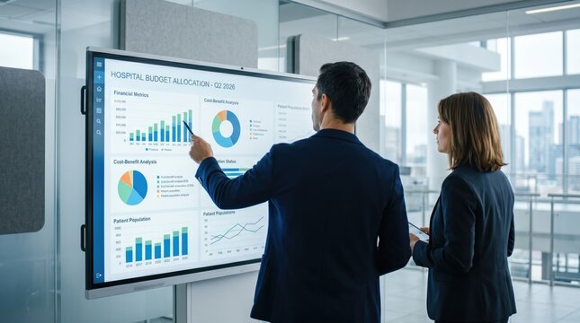 Medical administrators reviewing hospital budget allocation charts and financial metrics on interactive display for Q2 planning session in bright healthcare facility