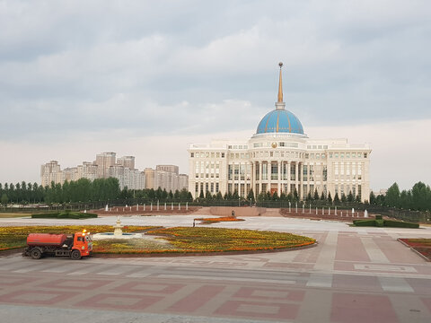 Astana, Kazakhstan - May 19, 2026: Ak Orda Presidential Palace with Flower Garden