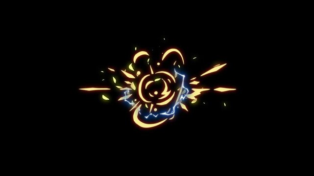 Energy burst flash explosion, 2D cartoon electric FX splash, smoke elements on black screen background, electric storm pulsating blue energy animation 4k.