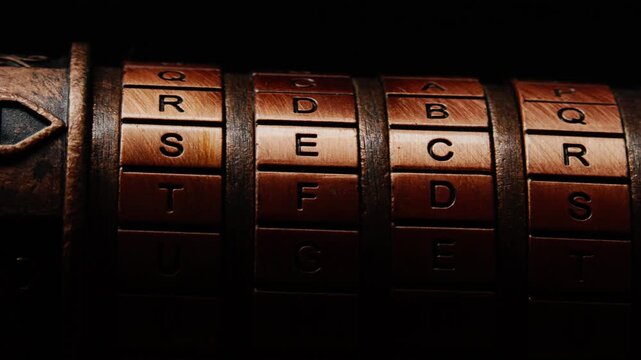 Detailed reveal as a brass cryptex lock shows secret word. Ideal for storytelling sequences involving cryptography, classified data, or the climax of a high-stakes thriller.