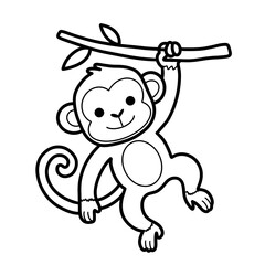 Cute Cartoon Monkey Hanging From A Branch Line Art Coloring Page