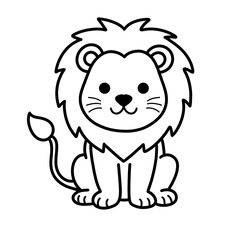 Obraz premium Cute Cartoon Lion Sitting Front View Coloring Page Line Art