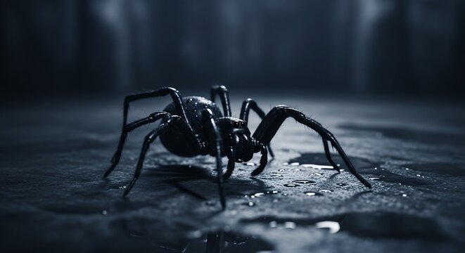 Black spider on wet surface