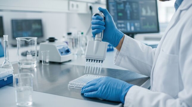 Scientist using multichannel pipette for sample preparation, medical research in modern laboratory with digital screens, biotechnology and healthcare concept, pharmaceutical