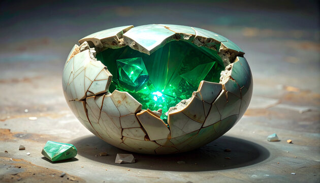 Broken eggshell reveals glowing emerald gem
