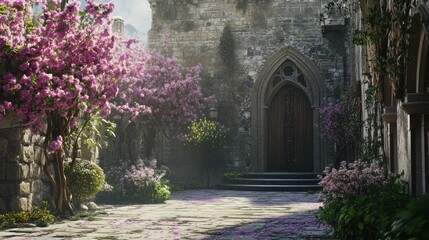 Obraz premium Ancient castle courtyard with blooming spring flowers