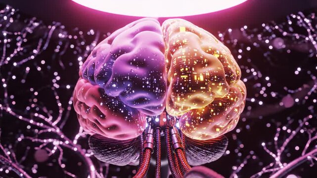 Artistic depiction of a brain with glowing elements ideal for tech startups and software commercial themes