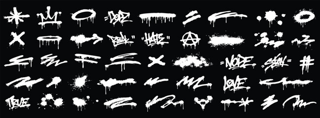 Set of graffiti spray paint elements, tags, drips, and splatters on black background © Zbrake Studio