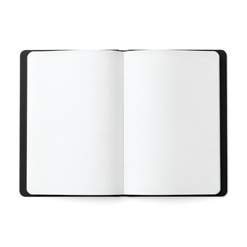 Open notebook with blank pages and black cover