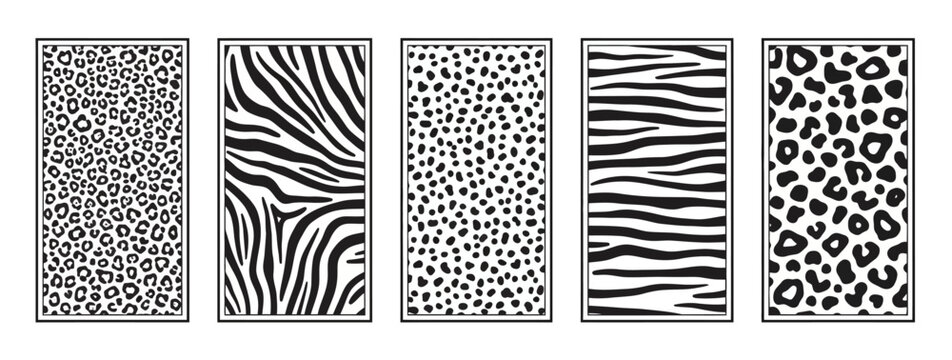Vertical black and white animal skin print banners featuring cheetah leopard and zebra seamless texture patterns