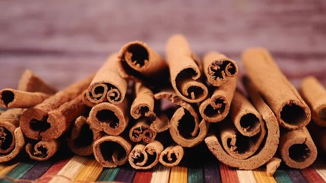 Cinnamon sticks stacked on wooden table for spice lovers