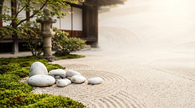 japanese zen garden with raked sand waves and traditional stone lantern for meditation background
