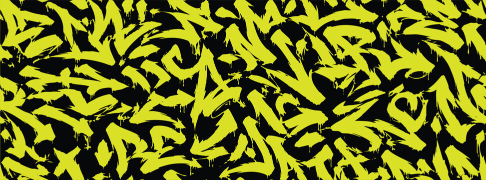 Seamless graffiti pattern with yellow handdrawn tags on a black background, urban street art style wallpaper