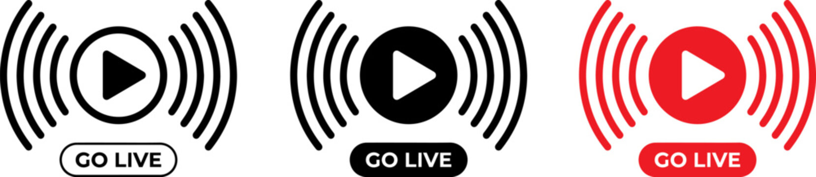 Set of go live icons with play button and broadcast signal waves