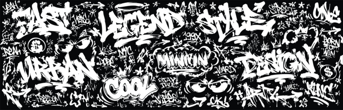Graffiti street art seamless pattern with urban lettering and tags on black background
