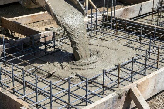 Wet concrete is poured from a chute into a foundation frame with steel rebar, showcasing active construction work.