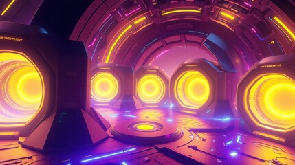 Fototapeta premium Futuristic corridor. Bright neon lights illuminate dark metallic walls. Circular openings glow intensely, creating dramatic perspective.