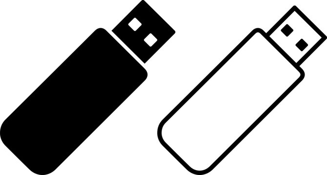 Set of usb flash drive icons, solid and outline style