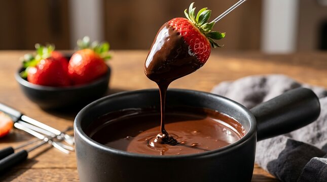 A fresh red strawberry is luxuriously dipped into a rich, melted chocolate fondue, creating a decadent stream of sweetness, perfect for a delightful dessert or a special occasion treat