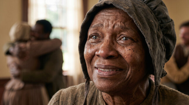 Emotional historical reenactment of the Emancipation Proclamation with elderly woman in period clothing, dimly lit room, embracing figures in the background