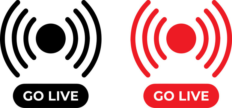 Go live streaming icons set with broadcast signal and recording button