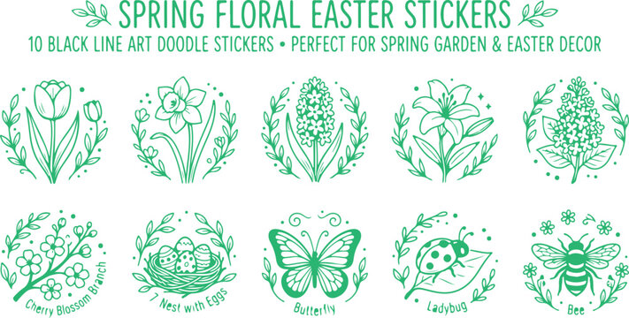 Spring floral easter line art doodle stickers vector illustrations on transparent background.