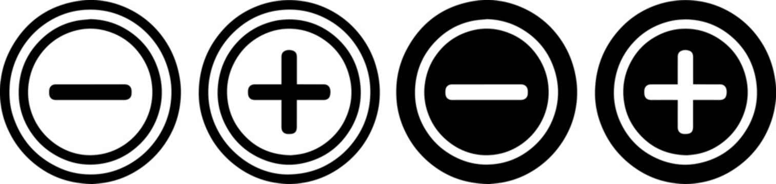 Set of plus and minus icons in circle buttons isolated on white background