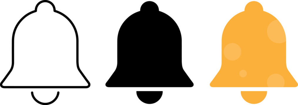 Set of three bell icons in outline, solid black, and yellow styles
