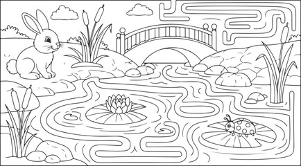 Cute bunny rabbit maze game with bridge pond water lily and ladybug on leaf for children puzzle fun education activity. © Sadhin