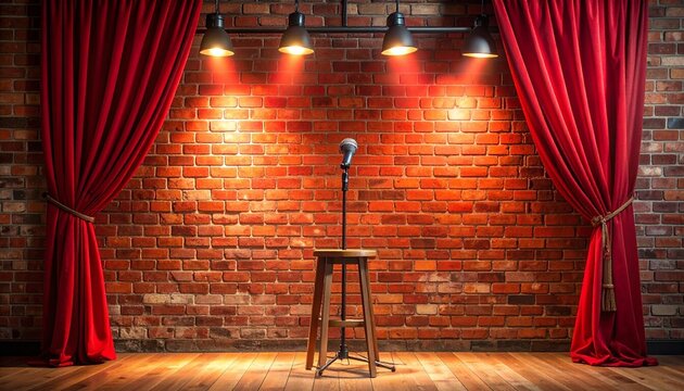Brick wall stage with stool, microphone, red curtains spotlight