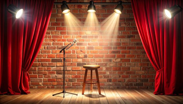 Brick wall stage with stool, microphone, red curtains spotlight