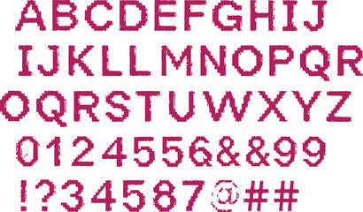 Obraz premium Pink outline of the English alphabet letters, numbers, and symbols on a gray background.