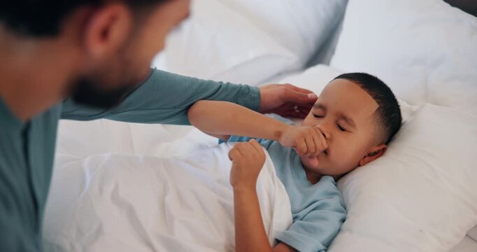 Father, check and child with fever in bed for concern, monitor temperature and viral infection. Worry, man and kid cough with illness, respiratory virus and compassion for influenza recovery at house