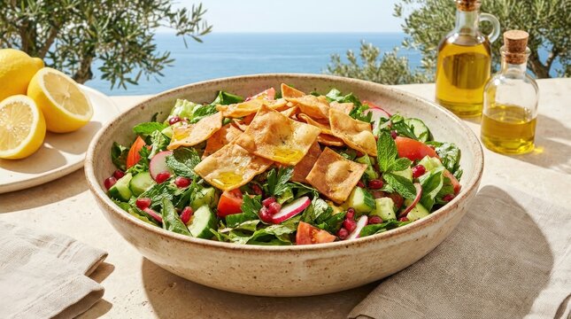 A vibrant and fresh Fattoush salad with crunchy pita chips served in a wide rustic bowl, beautifully presented on an outdoor Mediterranean terrace overlooking the bright shimmering blue sea horizon.