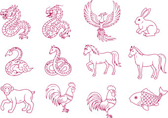 Chinese zodiac animals symbols set dragon phoenix rabbit snake horse monkey rooster fish. © Sadhin