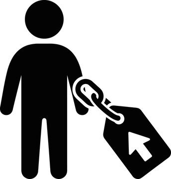 Human figure with tag and arrow indicating downward trend during economic recession illustration
