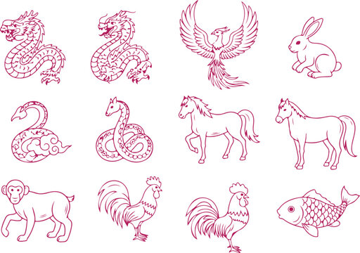 Chinese zodiac animals symbols set dragon phoenix rabbit snake horse monkey rooster fish.