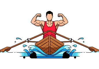 Strong Muscular Athlete Flexing Biceps in a Rowing Boat Illustration. Concept of Power, Strength, and Sports Performance on Water. © Risma