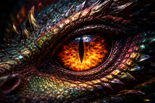 Extreme close up of a mythical dragon eye glowing with fiery orange reptile scales