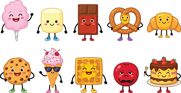 Cute cartoon dessert and sweet snack characters vector set isolated on white background for kids design elements (17 words)