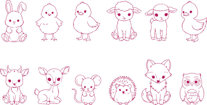 Cute cartoon outline animals collection set includes bunny chicken sheep deer mouse hedgehog fox owl isolated on transparent background.