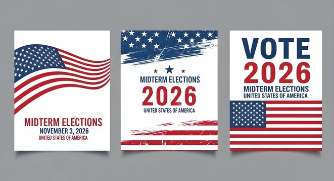 Three posters for the 2026 US Midterm Elections, featuring American flags and patriotic themes.