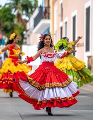 Naklejka premium People in colorful dresses dance outdoors on a sunny day celebration
