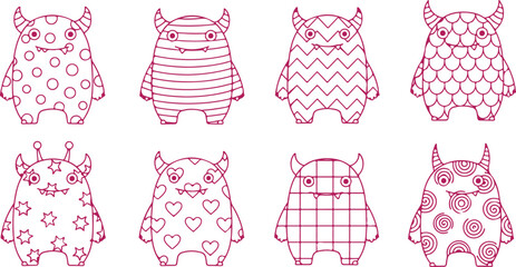 Cute cartoon monsters with different patterns and textures, funny, playful, whimsical characters for kids and design. © Sadhin