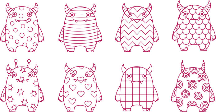Cute cartoon monsters with different patterns and textures, funny, playful, whimsical characters for kids and design.