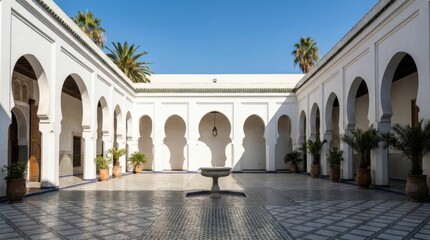 Obraz premium Beautiful white marble courtyard of the Grande Mosquee de Paris featuring symmetric Moorish architectural arches, lush palm trees, and an elegant stone fountain in a cinematic widescreen vista.
