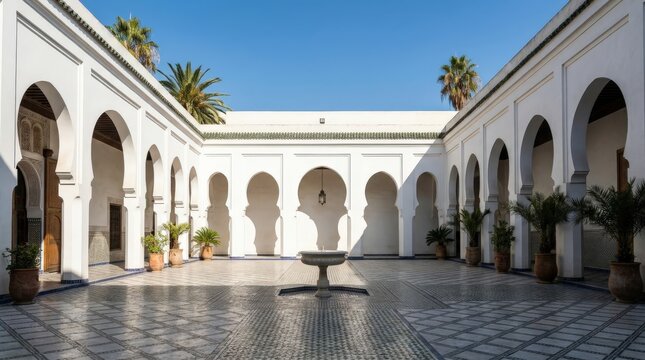 Beautiful white marble courtyard of the Grande Mosquee de Paris featuring symmetric Moorish architectural arches, lush palm trees, and an elegant stone fountain in a cinematic widescreen vista.
